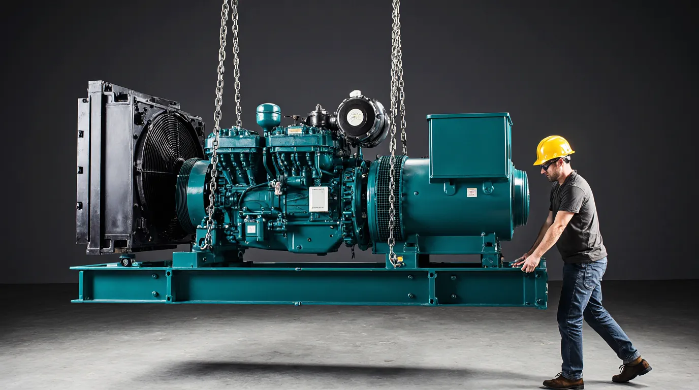 a diesel generator is suspended while a worker in a helmet inspects it the engine is a blue green c 5a56bt3avnukjhjutoh5 0